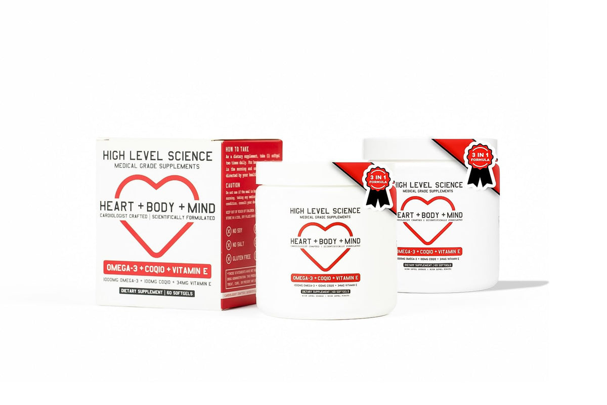 High Level CoQ10 Omega-3 softgels bottle designed for heart and energy support.