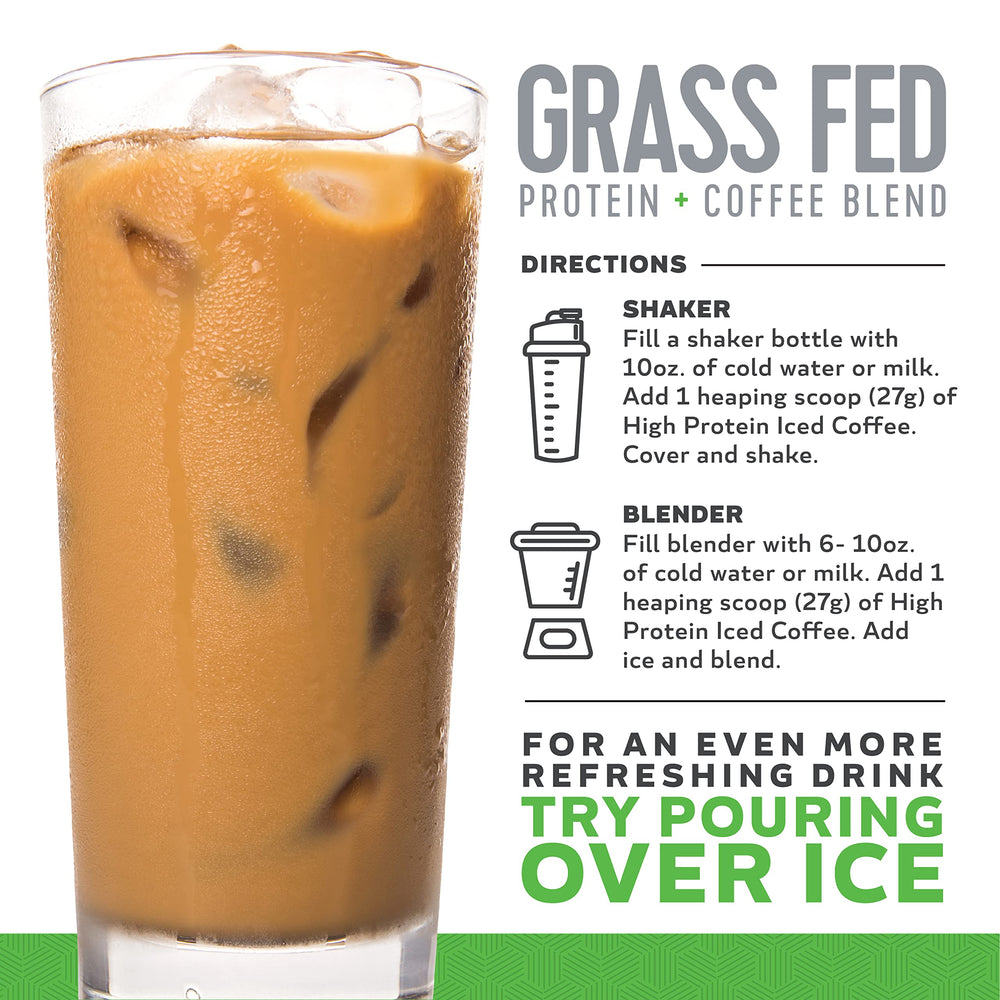 Pouring High Protein Iced Coffee Vanilla Latte with almond milk for texture