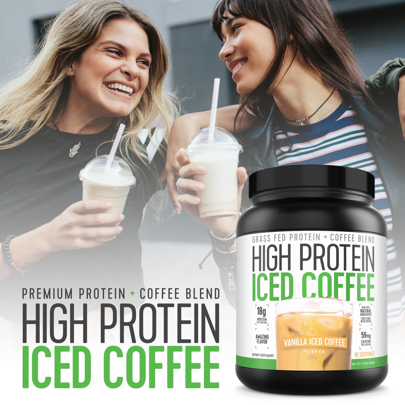 Vanilla Latte flavor cup of High Protein Iced Coffee ready to sip
