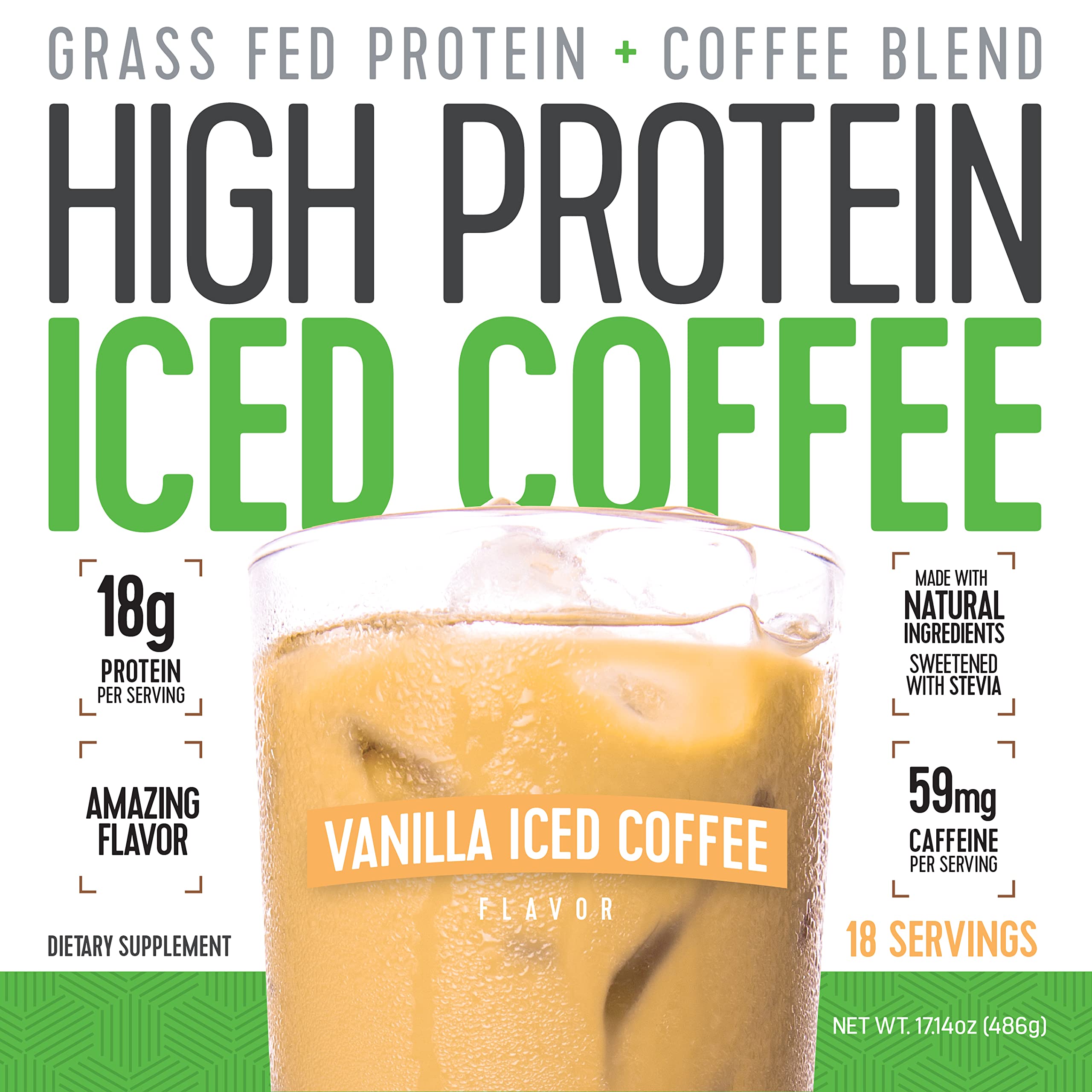 Close-up of High Protein Iced Coffee Vanilla Latte ingredients including whey and stevia