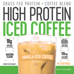 Close-up of High Protein Iced Coffee Vanilla Latte ingredients including whey and stevia