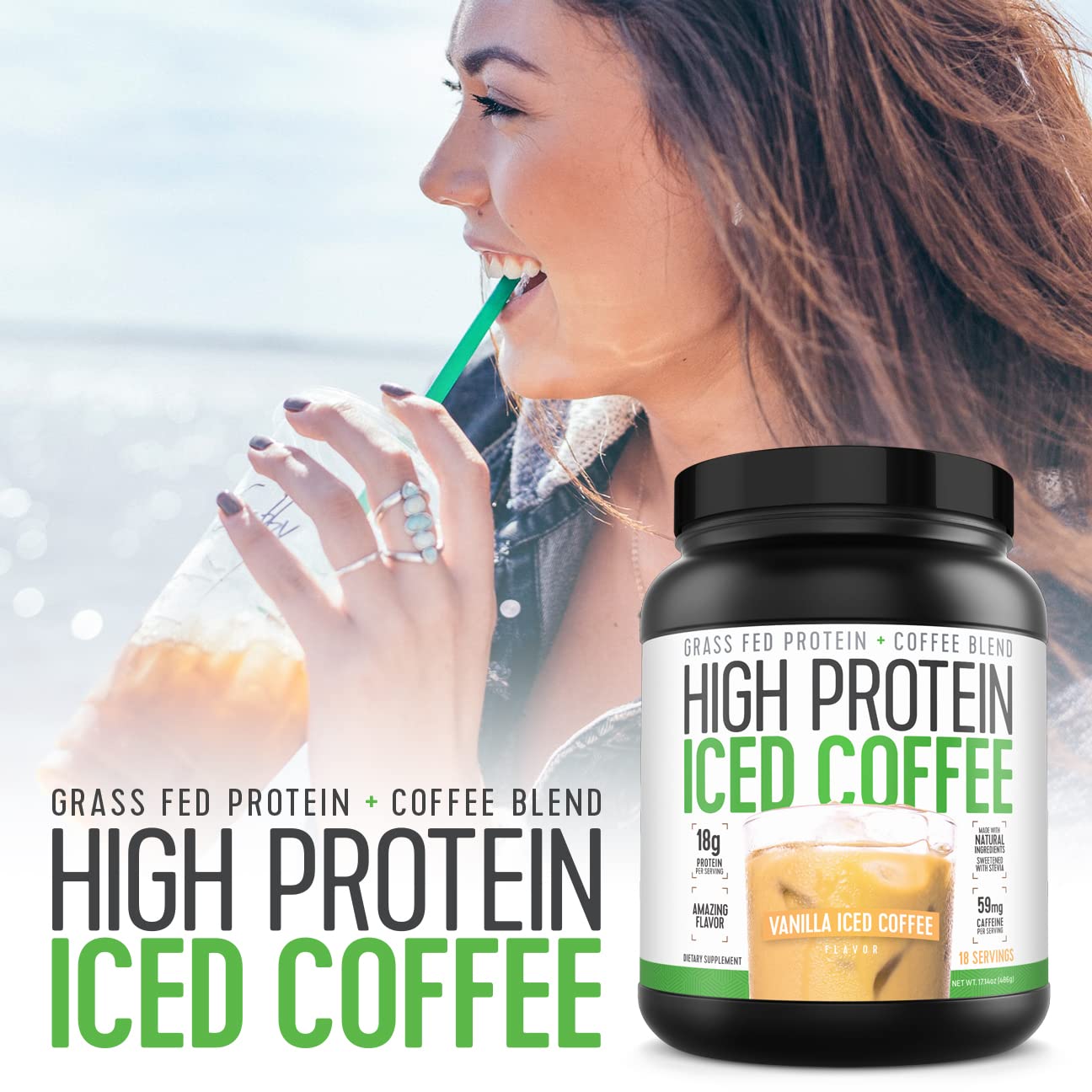 Nutrition label on High Protein Iced Coffee Vanilla Latte showing 18g protein and 2g carbs