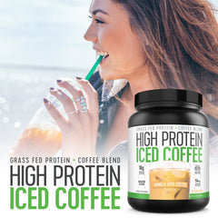 Nutrition label on High Protein Iced Coffee Vanilla Latte showing 18g protein and 2g carbs