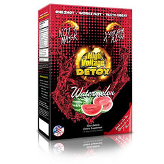 High Voltage Detox Watermelon bottle pour showcases a refreshing, fast-acting drink for detox goals.
