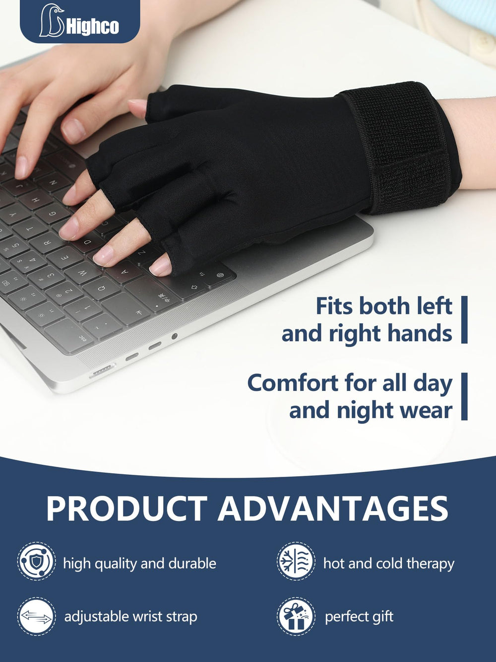 Highco adjustable wrist strap secures a comfortable, customizable fit.