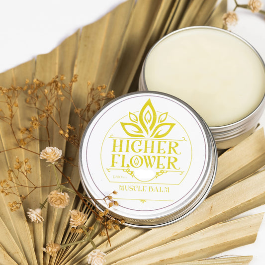 Higher Flower CBD Hemp Muscle Balm jar with eucalyptus scent for targeted comfort.