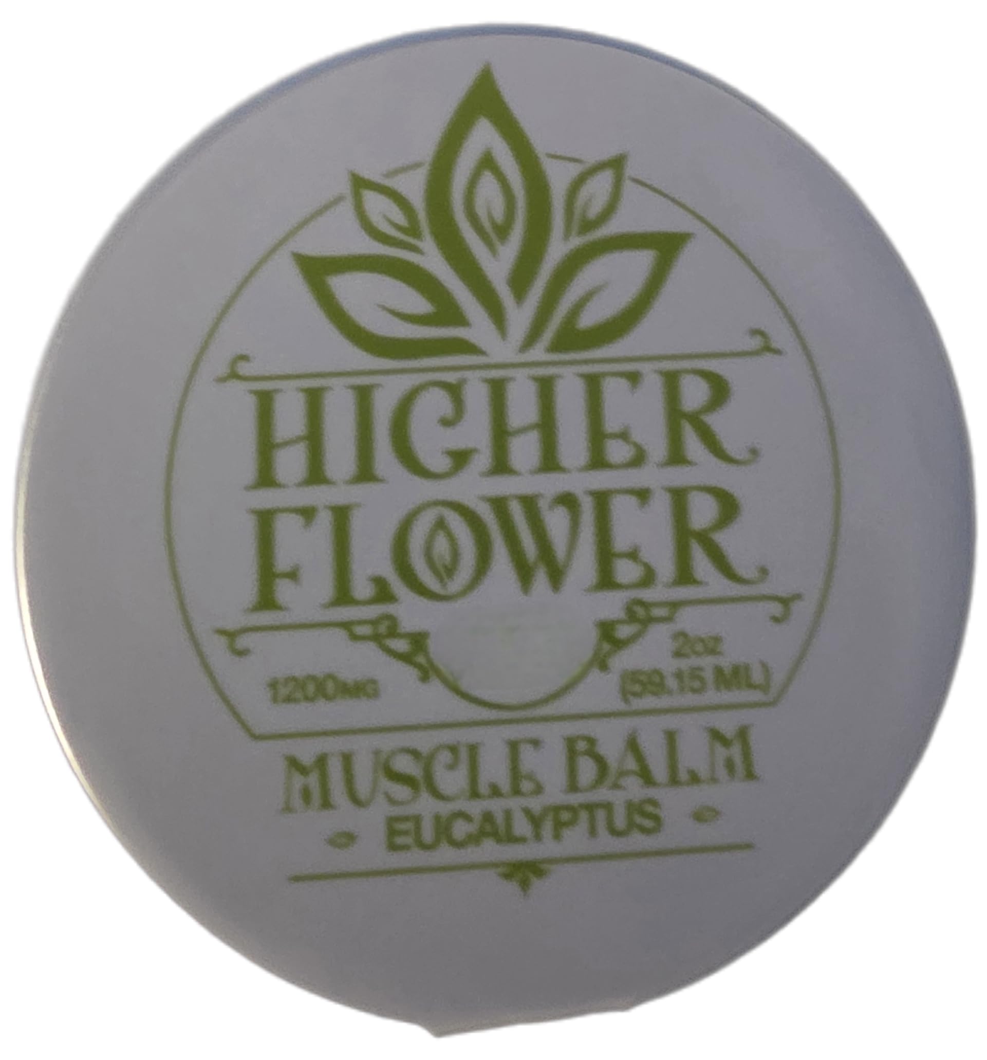 Higher Flower Hemp Muscle Balm label close-up showing natural ingredients and CBD.