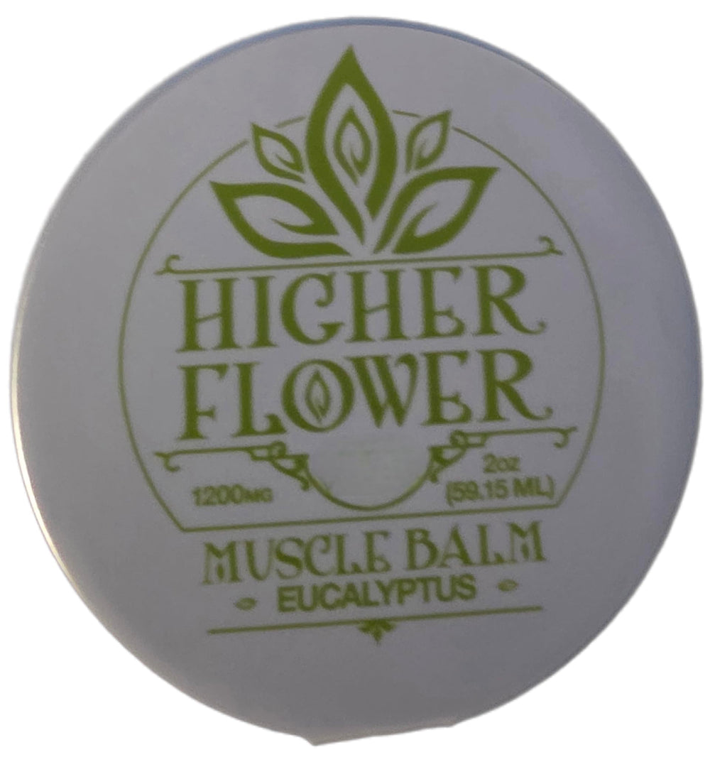 Higher Flower Hemp Muscle Balm label close-up showing natural ingredients and CBD.