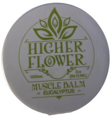 Higher Flower Hemp Muscle Balm label close-up showing natural ingredients and CBD.
