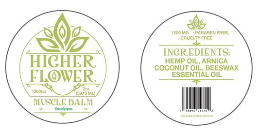 Higher Flower CBD Muscle Balm being applied by hands for gentle muscle soothing.