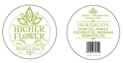 Higher Flower CBD Muscle Balm being applied by hands for gentle muscle soothing.