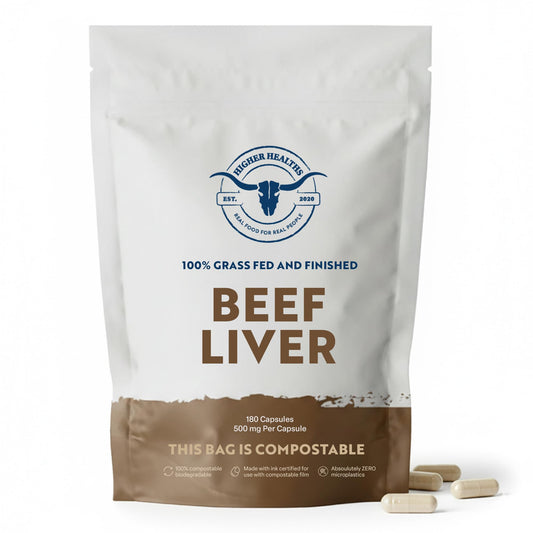Higher Healths beef liver capsules bottle close-up showing 180-count jar for daily wellness.