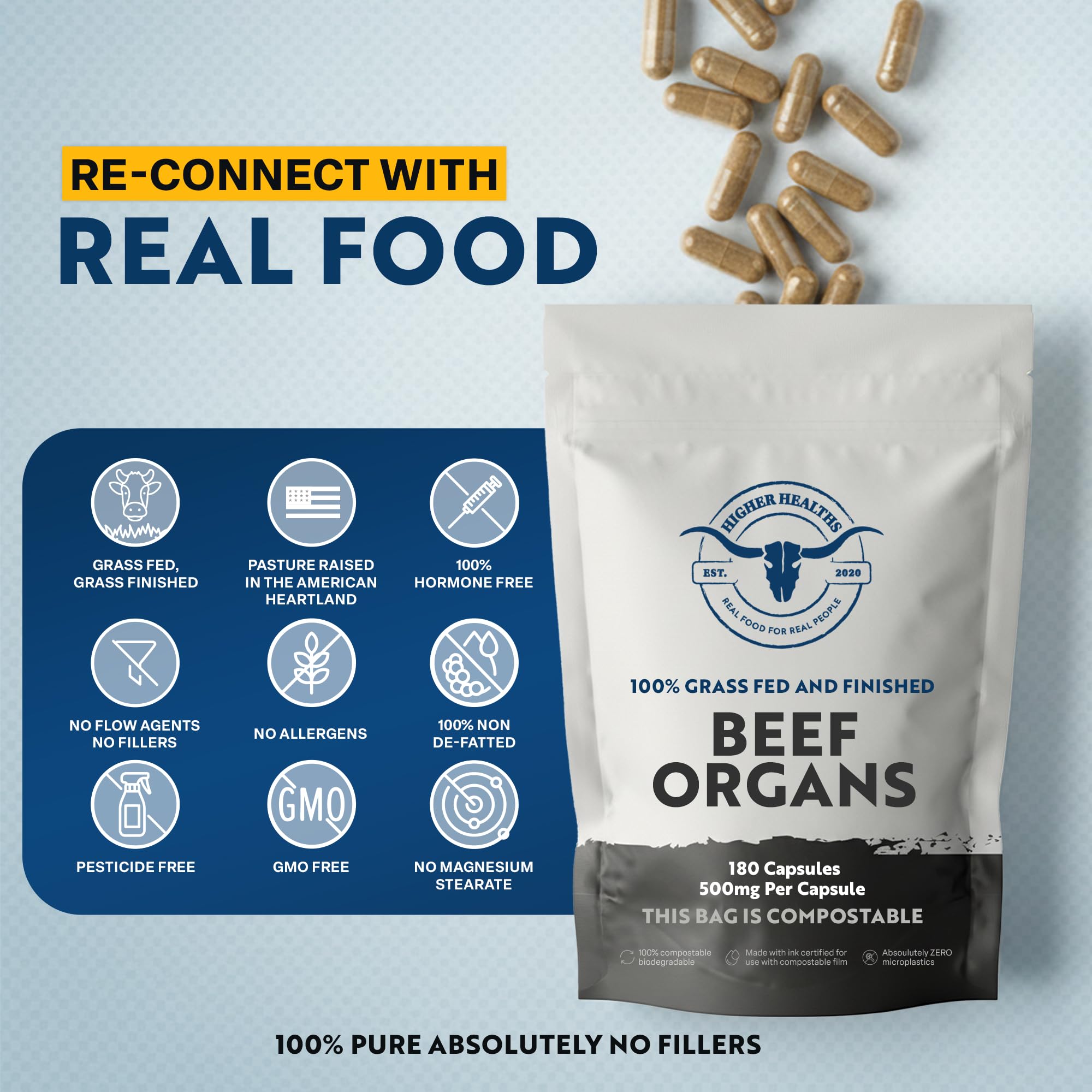 Bottle of Higher Healths beef organs for daily use with meals