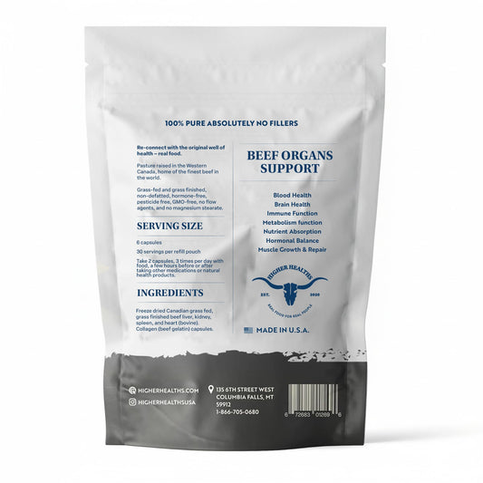 Higher Healths beef organs liver capsules close-up highlighting nutrient density
