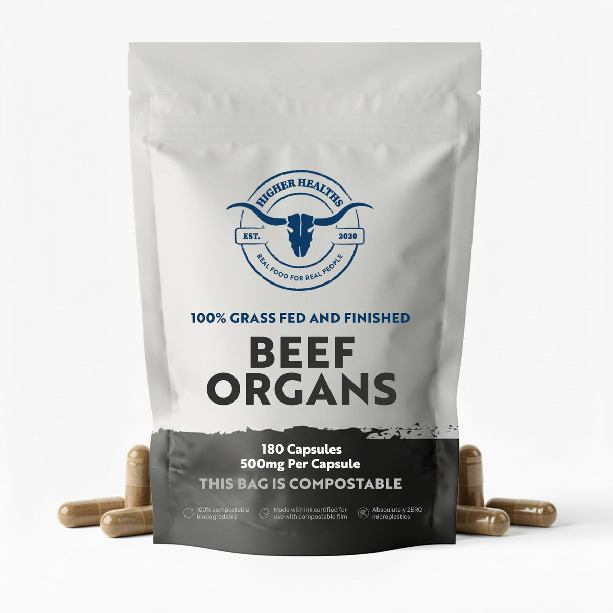 Higher Healths beef organs packaging showing premium supplement for daily use