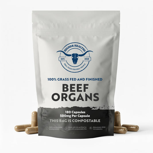 Higher Healths beef organs packaging showing premium supplement for daily use