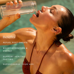 HigherDOSE HIGH-DRATION powder packet being mixed for on-the-go hydration