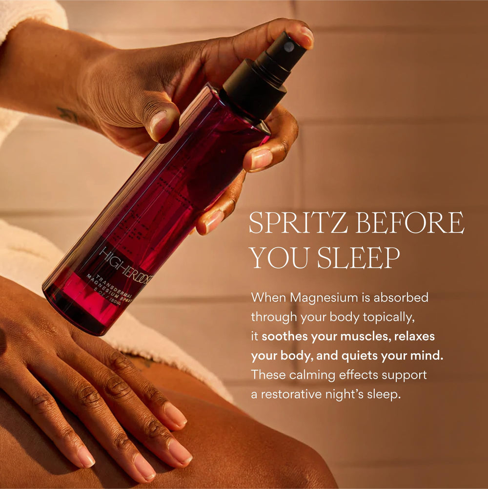 HigherDOSE sauna-relax scene shows magnesium spray ready to pair with heat and detox rituals.