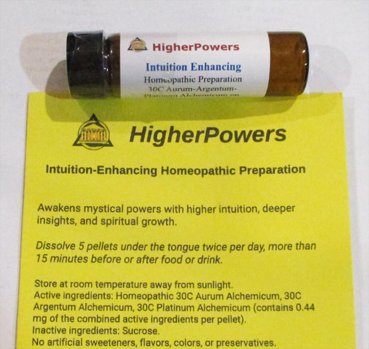 HigherPowers 30C pellets dissolving under the tongue for daily intuitive focus.