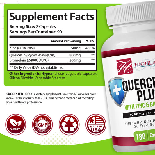 Close-up of Highland Health Foods Quercetin Plus Bromelain and Zinc capsules ready for daily use.