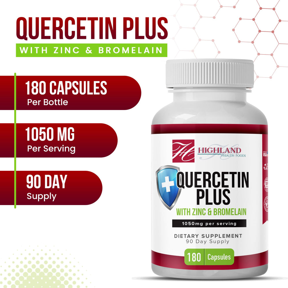 Back packaging with ingredients details for Highland Health Foods Quercetin Plus Bromelain and Zinc.