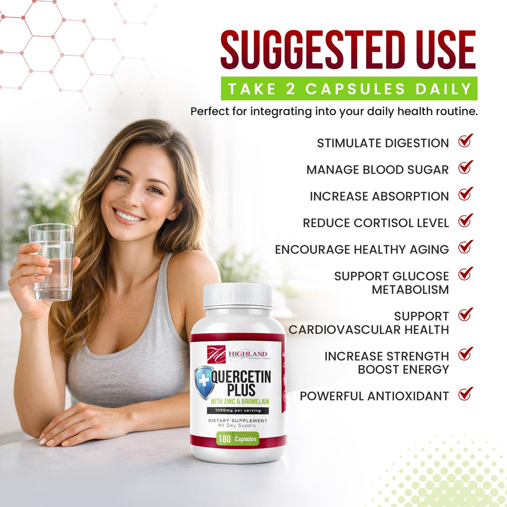 Front packaging featuring Highland Health Foods Quercetin Plus Bromelain and Zinc.