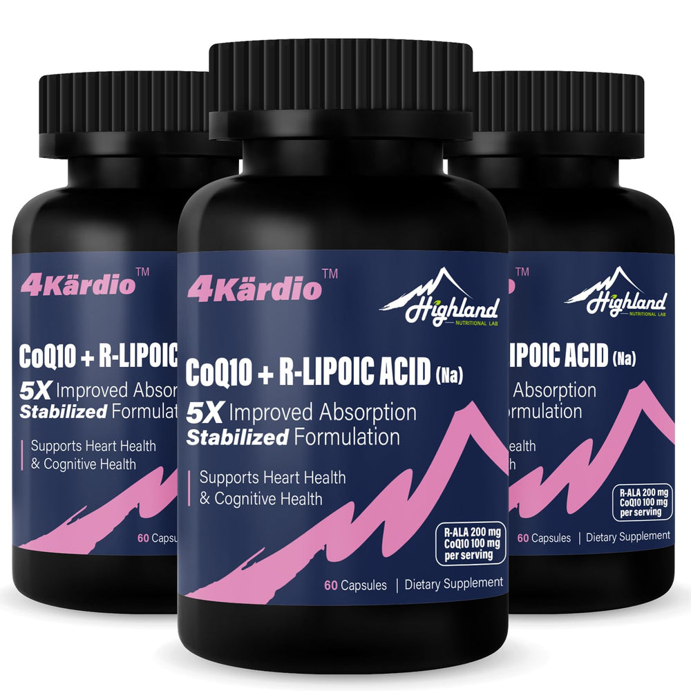Highland Nutritional Lab CoQ10 with R-Lipoic Acid bottle front showing enhanced absorption potential