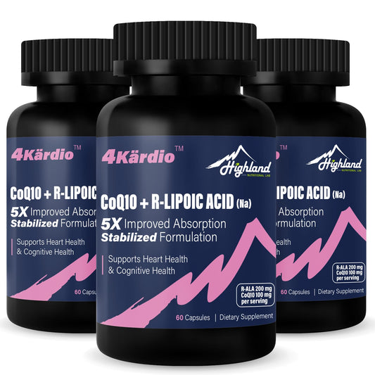 Highland Nutritional Lab CoQ10 with R-Lipoic Acid bottle front showing enhanced absorption potential