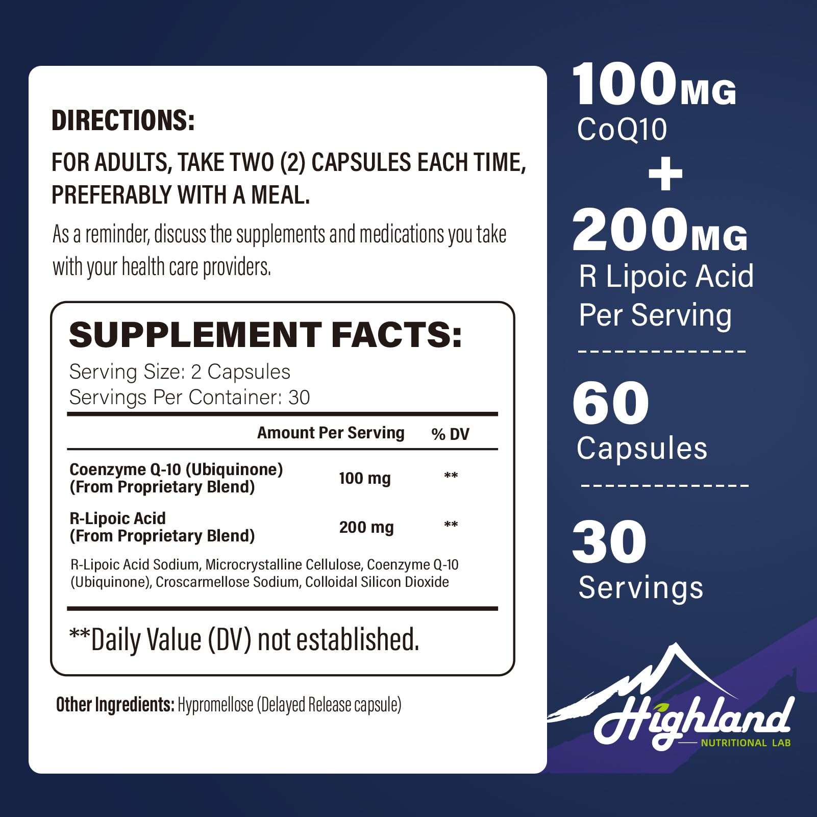 Highland Nutritional Lab CoQ10 serving suggestion featuring two capsules with a meal