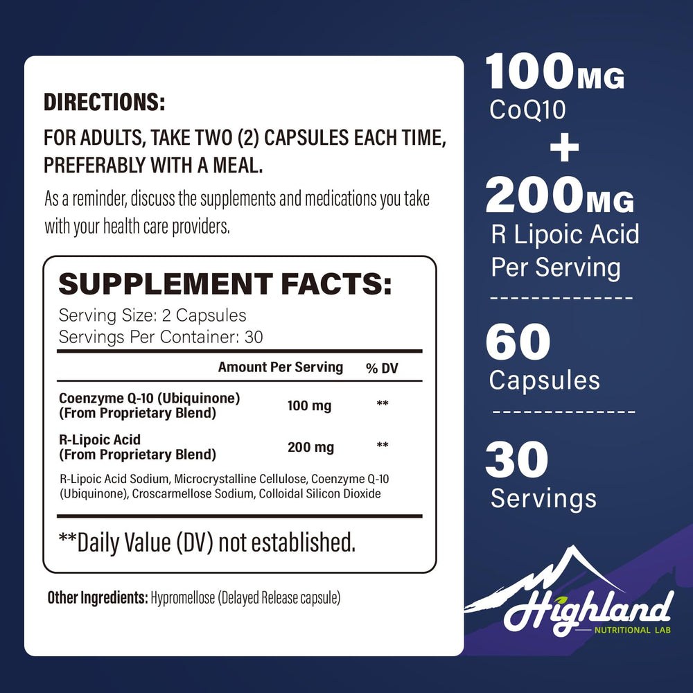 Highland Nutritional Lab CoQ10 serving suggestion featuring two capsules with a meal