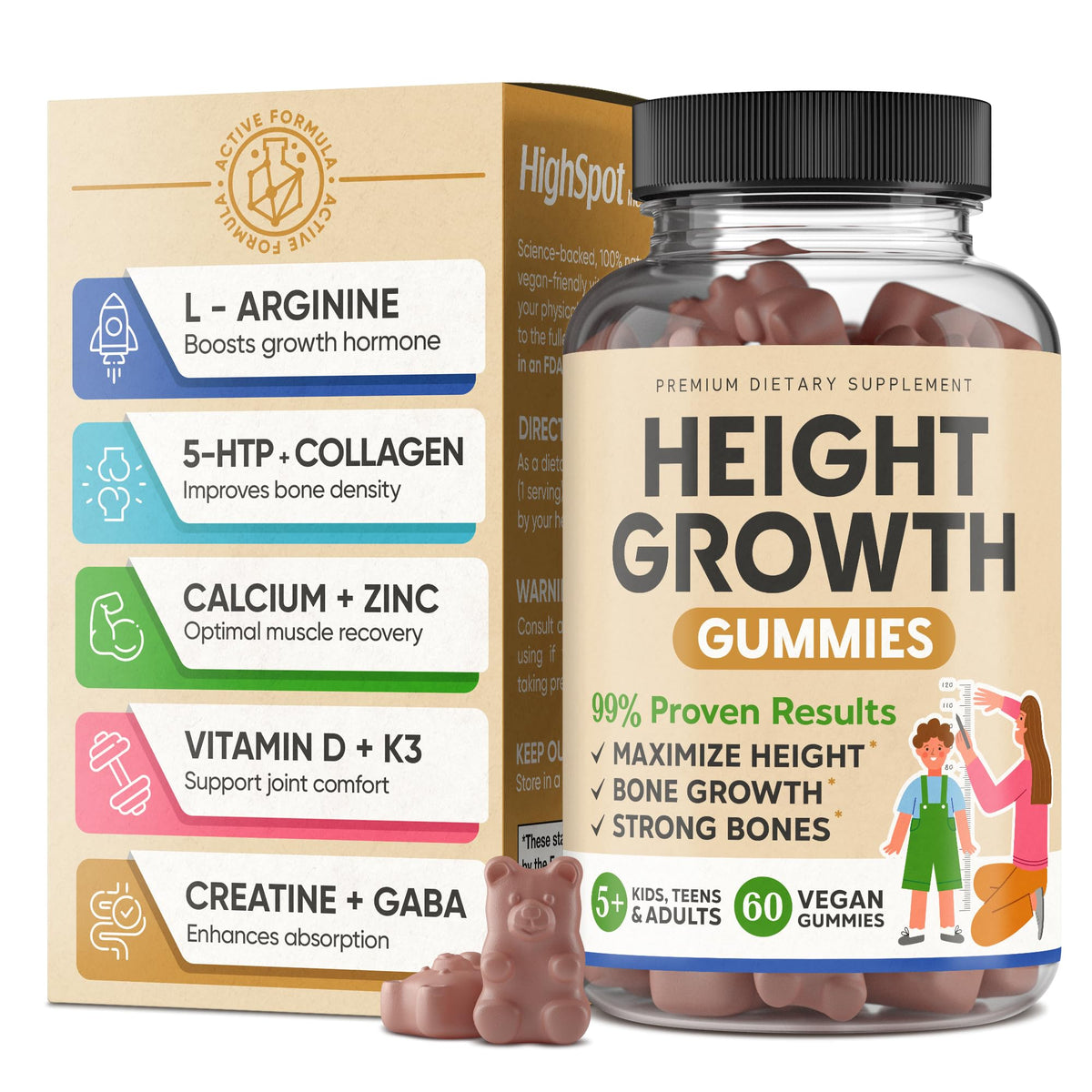 HighSpot Height Growth Gummies bottle shown, supports bone health and growth potential.