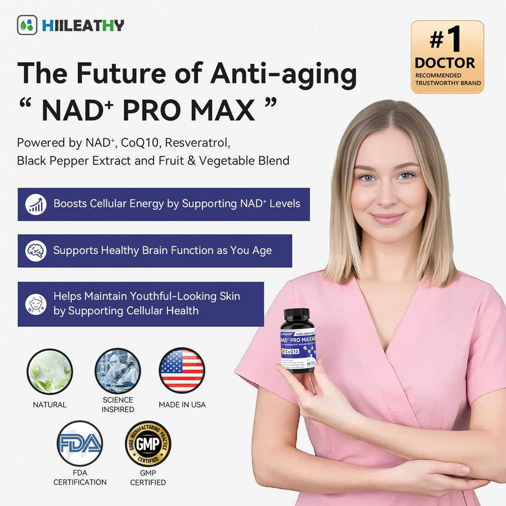 HIILEATHY NAD+ capsule close-up highlights CoQ10 and Resveratrol for vitality.