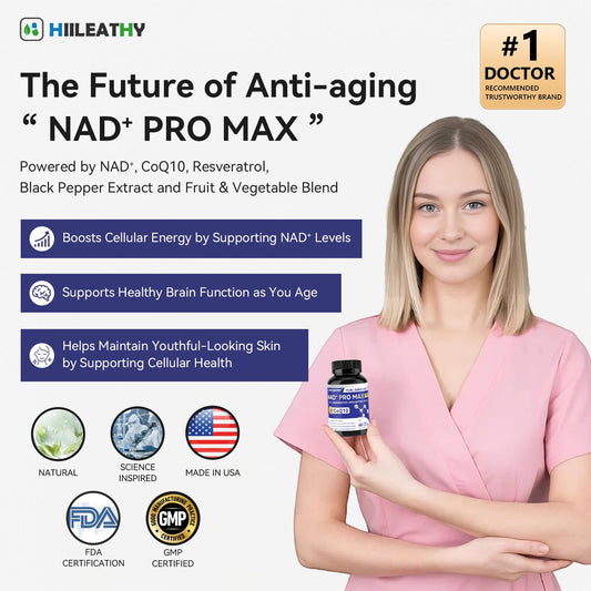 HIILEATHY NAD+ capsule close-up highlights CoQ10 and Resveratrol for vitality.