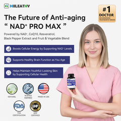 HIILEATHY NAD+ capsule close-up highlights CoQ10 and Resveratrol for vitality.