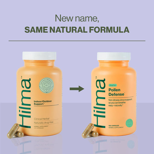 Hilma Natural Sinus Support capsules closeup highlighting convenient daily use.