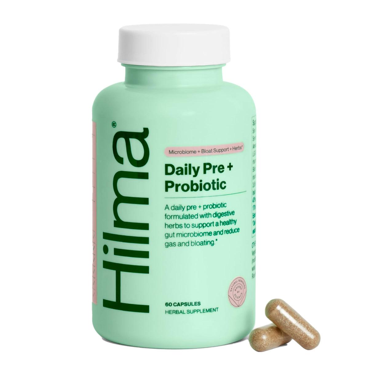 Hilma Pre and Probiotic bottle front with clean label for gut support
