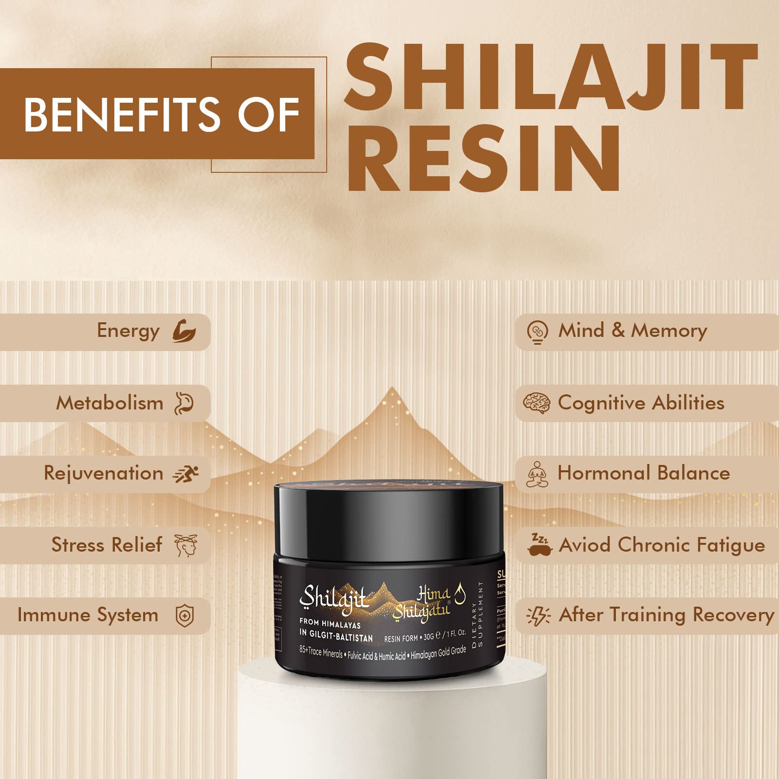 Hima Shilajatu amber glass jar label highlights authentic Himalayan origin.