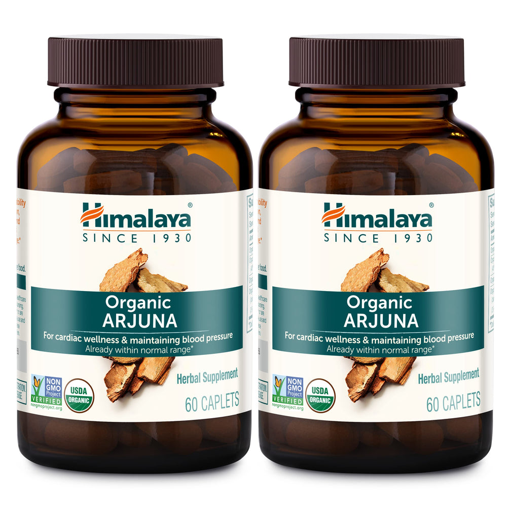 Himalaya Arjuna bottle front shows organic packaging for cardiovascular wellness.