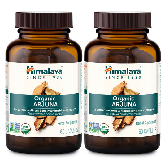 Himalaya Arjuna bottle front shows organic packaging for cardiovascular wellness.