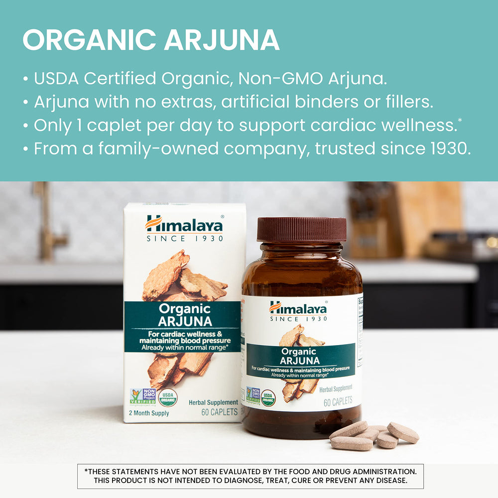 Himalaya Arjuna label close-up highlights organic, non-GMO ingredients.