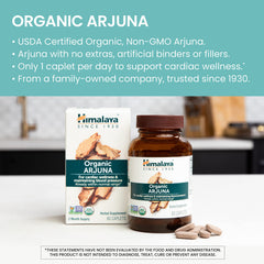 Himalaya Arjuna label close-up highlights organic, non-GMO ingredients.