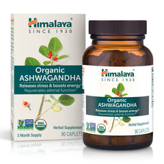 Himalaya Ashwagandha root caplets bottle front view for stress support.
