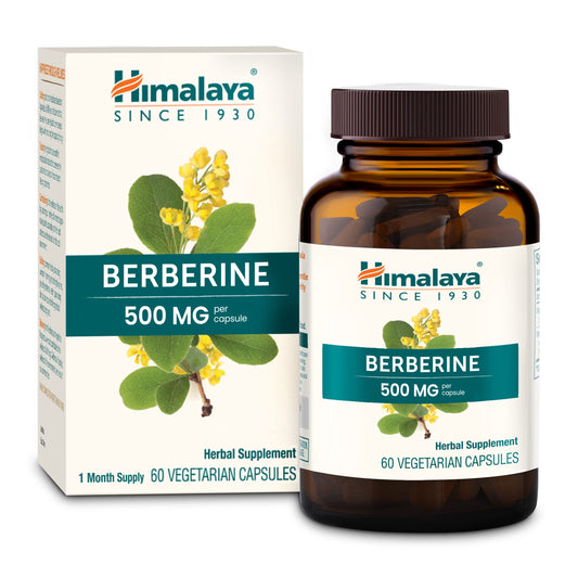 Himalaya Berberine bottle close-up showing 60 vegan capsules for daily digestive support.