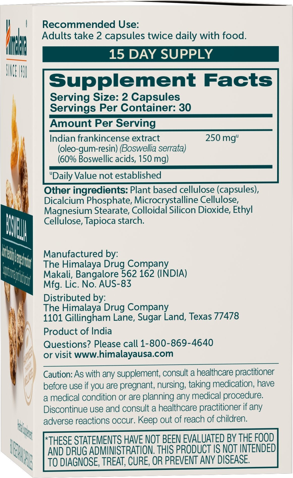 Himalaya Boswellia bottle closeup showing easy-to-swallow capsules