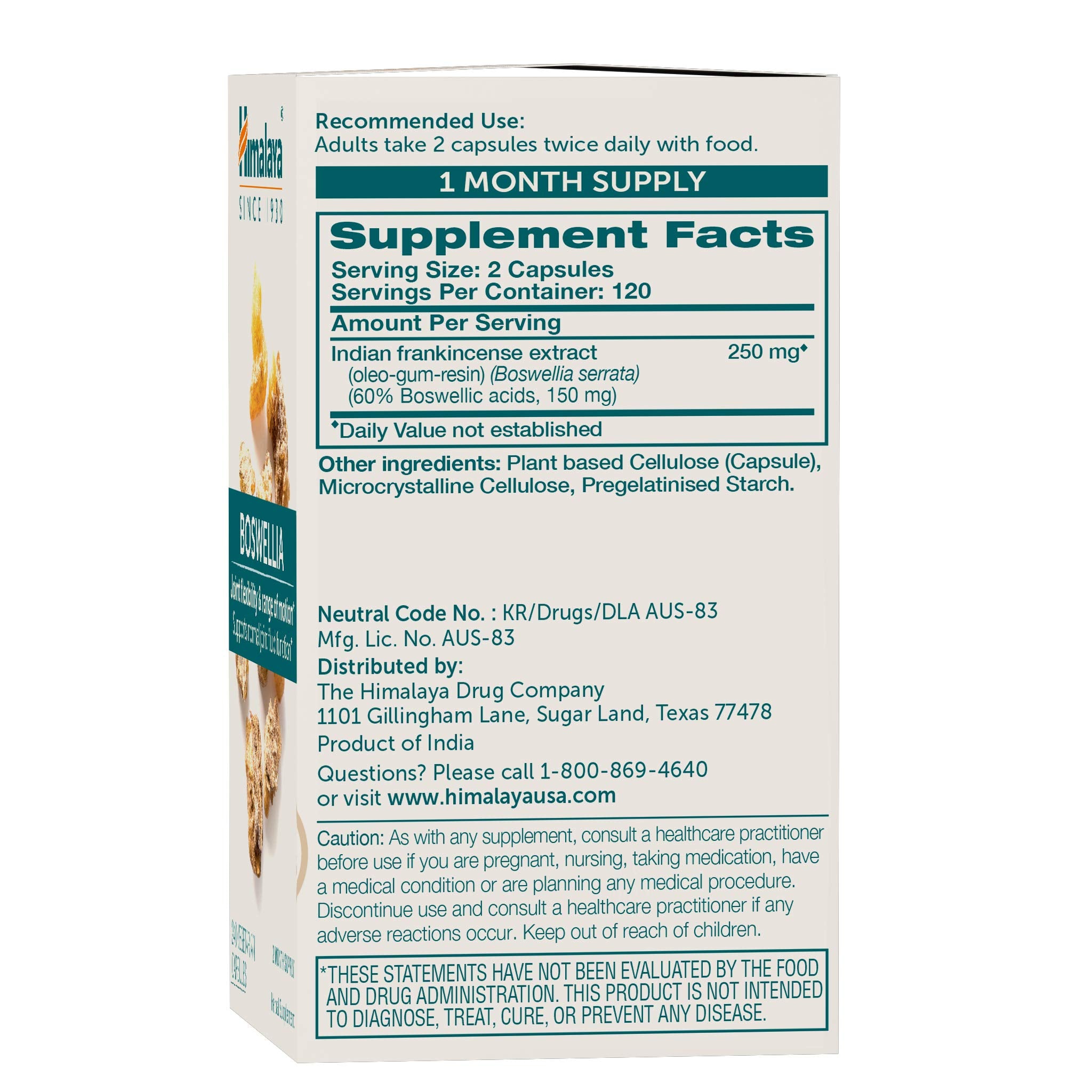 Himalaya Boswellia capsules close-up emphasizing 250 mg extract potency.