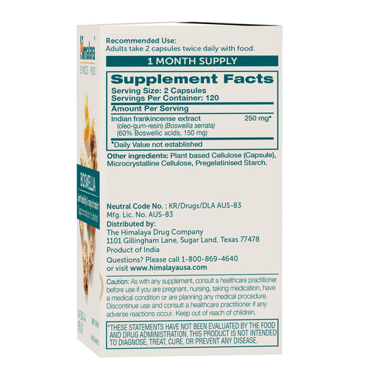 Himalaya Boswellia capsules close-up emphasizing 250 mg extract potency.