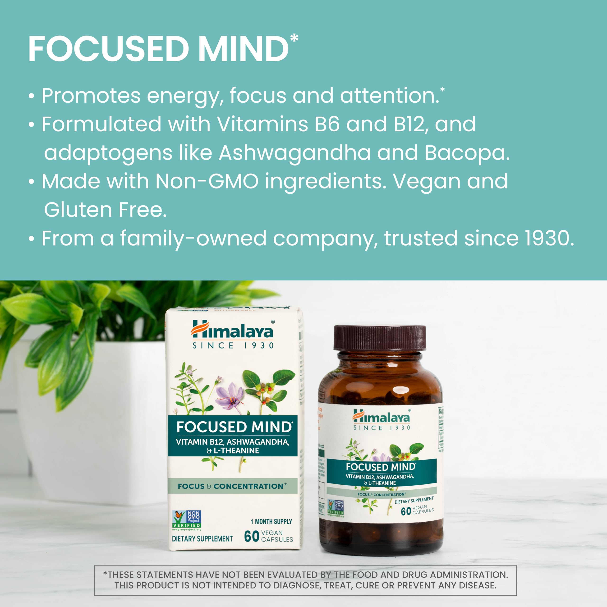 Himalaya Focused Mind label front highlights gluten-free and vegan capsules.