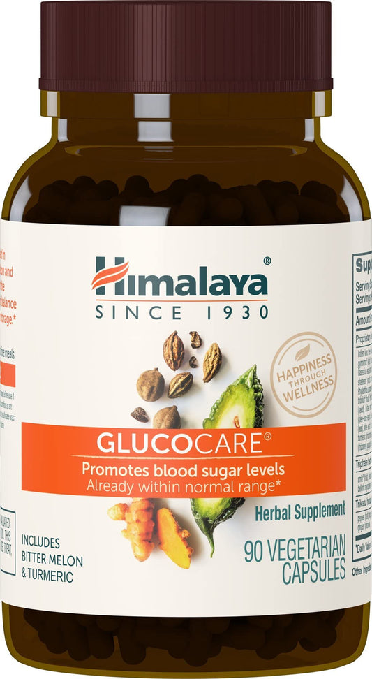Himalaya GlucoCare bottle with capsules designed for daily blood sugar support