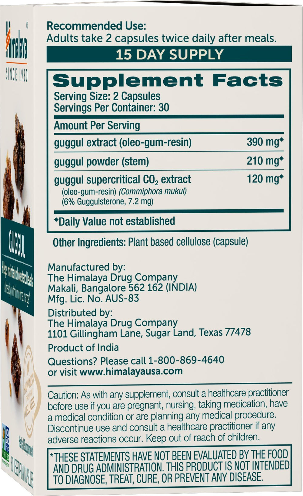 Himalaya Guggul bottle label close-up shows dosage and plant-based formula