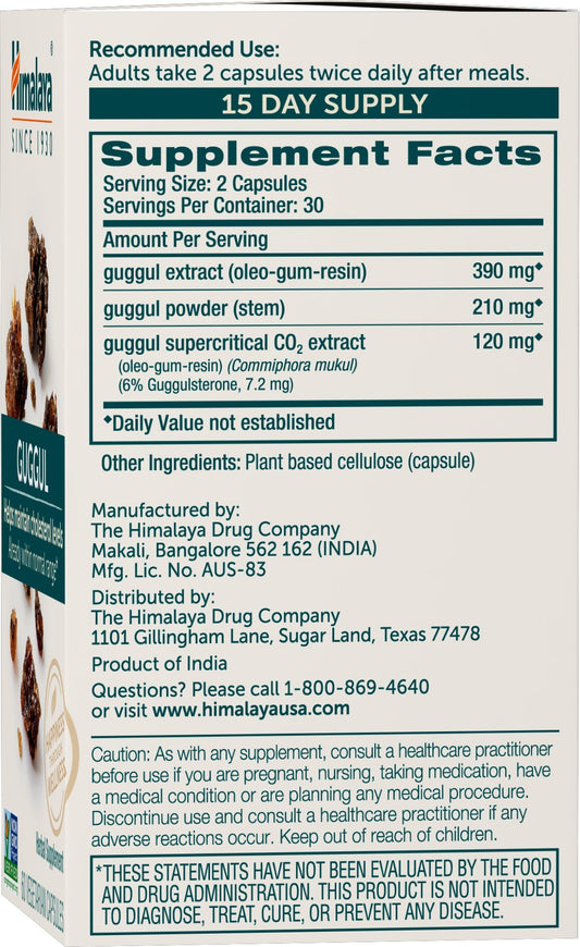 Himalaya Guggul bottle label close-up shows dosage and plant-based formula